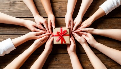 Overhead view of diverse hands forming a heart around a recycled paper gift with red ribbon on wooden table. Perfect for charity, eco branding, holidays, and International Volunteer Day campaigns.