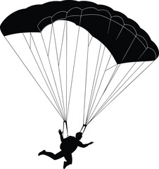 Silhouette vector illustration of skydiver with open parachute, extreme sport concept, adventure skydiving activity, sky parachuting design for travel, freedom, adrenaline