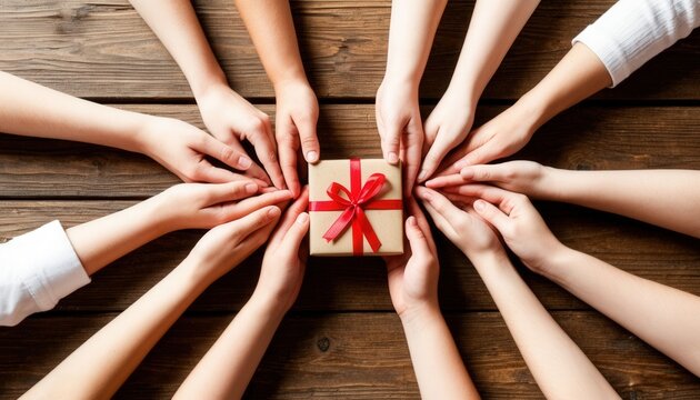 Overhead view of diverse hands forming a heart around a recycled paper gift with red ribbon on wooden table. Perfect for charity, eco branding, holidays, and International Volunteer Day campaigns.