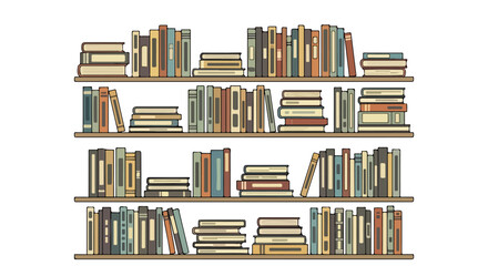 Stylized bookshelf illustration displaying vintage books with unique spine designs across four shelves offering aesthetic appeal and scholarly essence
