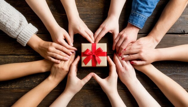 Overhead view of diverse hands forming a heart around a recycled paper gift with red ribbon on wooden table. Perfect for charity, eco branding, holidays, and International Volunteer Day campaigns.