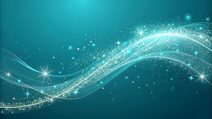 Abstract flowing wave of light and sparkles on a deep teal background