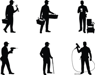 Obraz premium Silhouette vector illustration of workers with tools, handyman repair service poses, construction maintenance icons, professional technician design, labor occupation shadow art collection for industry
