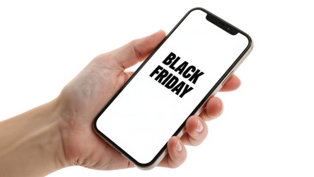 Black friday sale announcement on smartphone screen in hand, online shopping discount event, digital mobile commerce