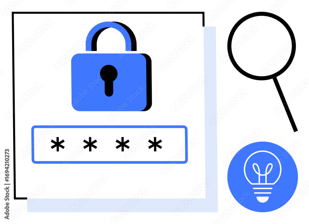 Poster padlock representing security above password field, magnifying glass for search or analysis, lightbu