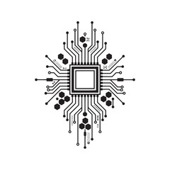 Abstract circuit board vector illustration. Futuristic CPU microchip technology background with geometric electronic components. Black silhouette line art isolated on white.

