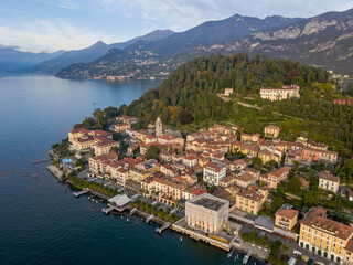 Aerial landscape of Bellagio villa and Lago di Como Lake in Italian Alps fall in Lombardy