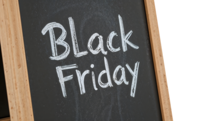 Black friday chalkboard sign with wooden frame promoting seasonal shopping deals and discounts for retail sales events