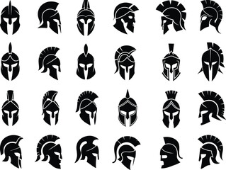 Spartan warrior helmet vector set, ancient Greek soldier icons, gladiator head silhouette design, medieval warrior mask illustration, historical battle armor graphic elements