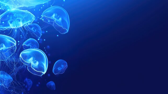 Abstract underwater scene featuring glowing jellyfish with vibrant and deep blue hues