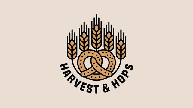 A pretzel with wheat stalks and the words harvest and hops on a light tan background design logo art