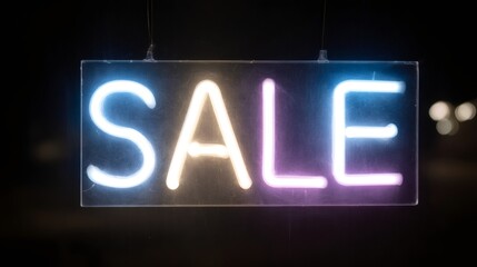 Glowing neon sale sign on dark background. Illuminated retail store display for promotion and discount. Bright electric advertisement for shopping and commerce