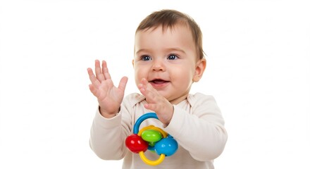 笑顔輝く赤ちゃん 手遊び 穏やかな光 白い背景. AI Generated