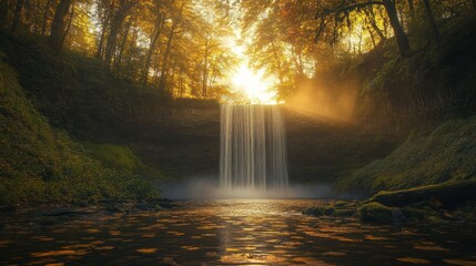 Sunlit Cascade: A Breathtaking Waterfall Scene Surrounded by Lush Autumnal Foliage
