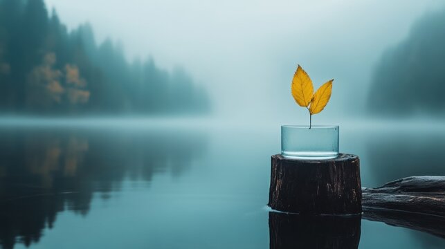 Serene lake scenery with yellow leaves in glass on tree stump amid the fog