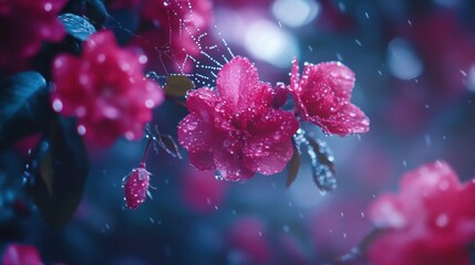 Delicate raindrops adorn vibrant pink roses creating a captivating botanical scene