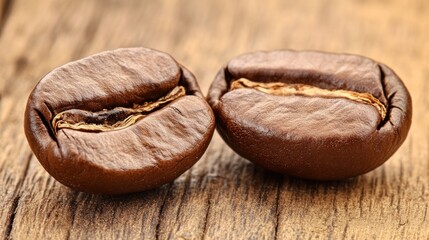 Captivating close-up showcasing two roasted coffee beans on a rustic wooden surface
