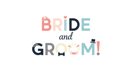 Whimsical Bride and Groom Typography Illustration for Wedding Invitations and Celebrations