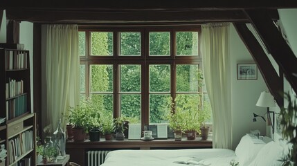 Serene bedroom interior with wooden window framing lush greenery and natural light ambiance