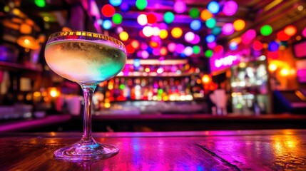 Effervescent champagne coupe on a bar illuminated by the vibrant hues of festive lights