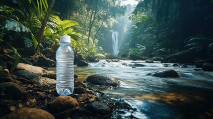 Refreshing hydration: a clear water bottle amidst a serene tropical forest river