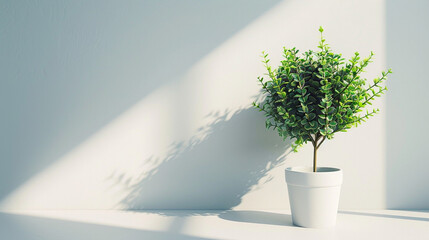 Minimalist indoor plant in a white pot placed against a soft green wall, with natural sunlight casting beautiful shadows, creating a calming, fresh, and modern home decor atmosphere full of serenity.