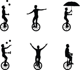 Unicycle rider silhouette vector collection with juggling, umbrella, balance poses, circus performance, street entertainment, cycling tricks, artistic stunt illustration, black design isolated © MdShahin