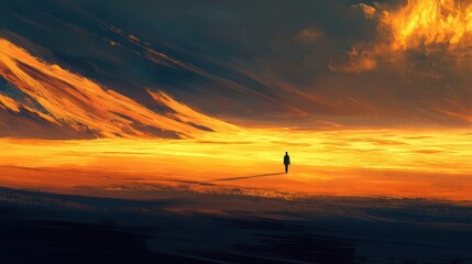 Solitude journey in a surreal landscape bathed in the golden hues of twilight