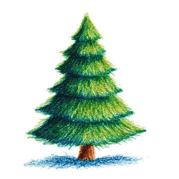 Hand-Drawn Green Christmas Tree with Snow at Base and Blue Highlights