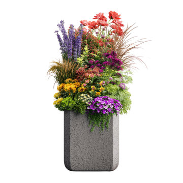 Tall grey textured planter with a rich, colorful assortment of various plants.