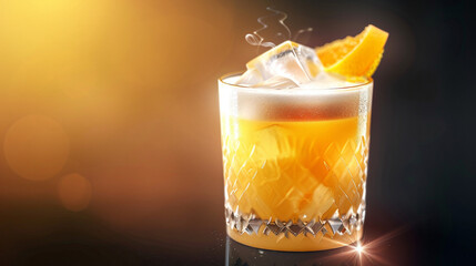 A refreshing iced beverage in a clear glass filled with crushed ice, layered with golden and red hues, topped with a lemon slice, symbolizing coolness, summer delight, and vibrant refreshment.