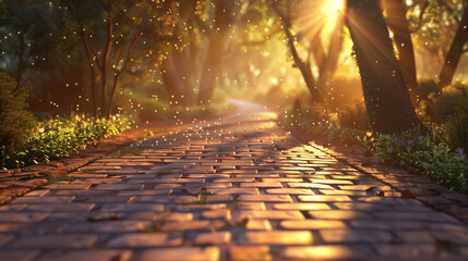 A serene cobblestone pathway through a sunlit forest, glowing with warm golden rays filtering through trees, creating a peaceful, enchanting atmosphere filled with nature’s beauty, tranquility, and ma