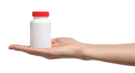 a hand offers hope presenting a blank white medicine bottle, isolated on transparent background