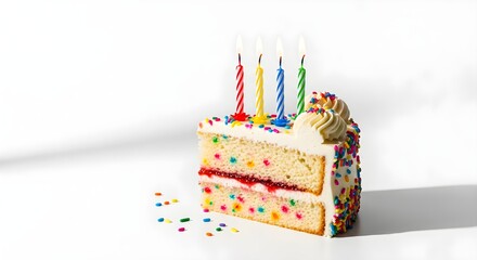 Festive Birthday Cake Slice with Colorful Sprinkles, Topped with Candles and Whipped Cream &ndash; A Sweet and Fun Celebration Dessert