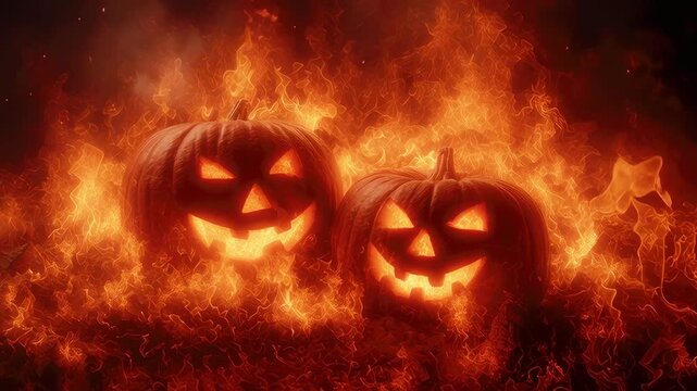 Animation of two pumpkins with carved faces for Halloween, burning with fiery flames. Screensaver, footage, Halloween template