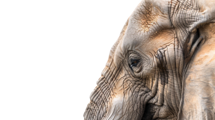 Close-up of an African elephant's eye and facial features against white