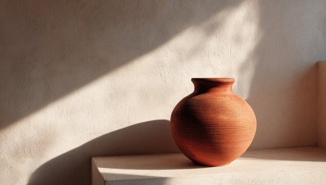 A terracotta vase sits on a shelf bathed in sunlight