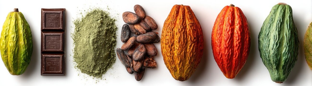 Chocolate, cocoa pods, beans, and cocoa powder arranged