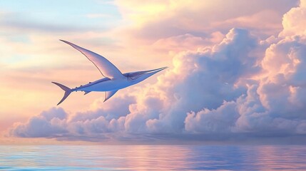 Surreal flying shark above the ocean with colorful clouds creating a tranquil scene