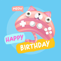 Cute cat gamepad vector illustration, striped animal character with HAPPY BIRTHDAY speech bubble, MEOW text, creative design for gaming, apps, stickers, labels, kids merchandise, and greeting cards