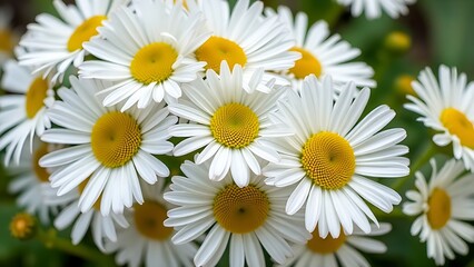 Obraz premium Cluster of fresh daisies with white petals and yellow centers in soft directional light.
