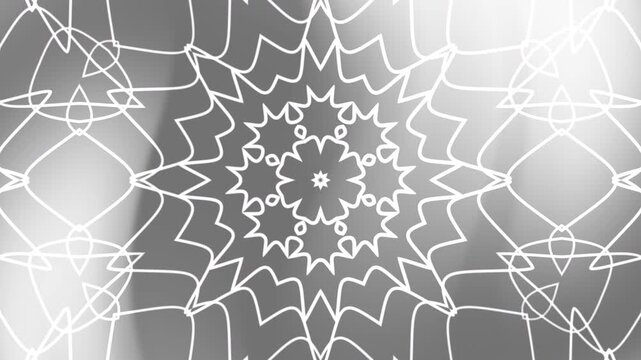 Animated abstract white and gray kaleidoscope overlay background pattern with geometric shapes and overlapping lines. Suitable for graphic design, backgrounds, and artistic projects.