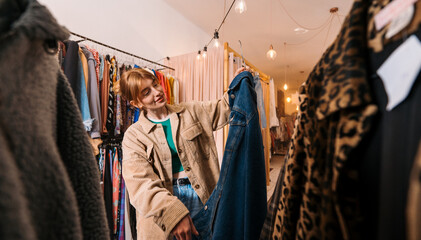 Fashion Shopping Experience: Stylish Denim Selection in Boutique Store