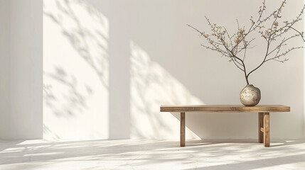 Minimalist interior with natural sunlight casting soft shadows on a white wall, featuring a simple wooden bench and ceramic vase with delicate branches, embodying calm, balance, elegance, and serene J
