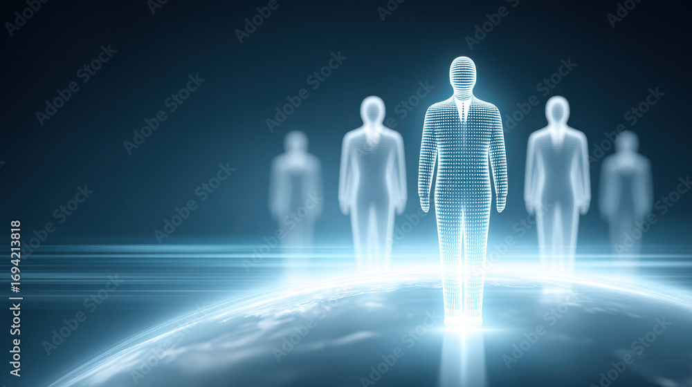 Poster digital silhouettes represent futuristic conversation about technology and connection in global cont