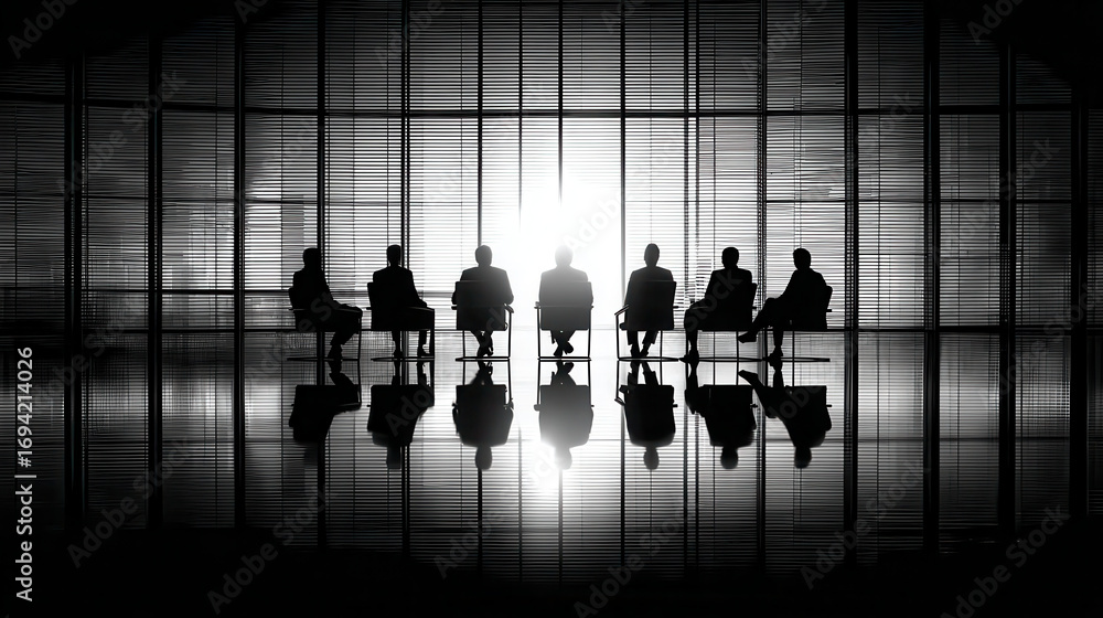 Poster silhouettes of individuals engaged in conversation create striking visual against bright background,
