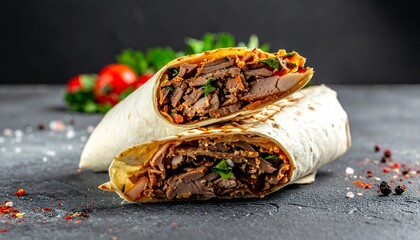 Delicious beef shawarma wraps served on a dark textured surface