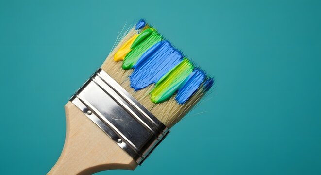 Unleashing creativity with a brush full of vibrant blue, yellow, and green paint for home improvement or art projects