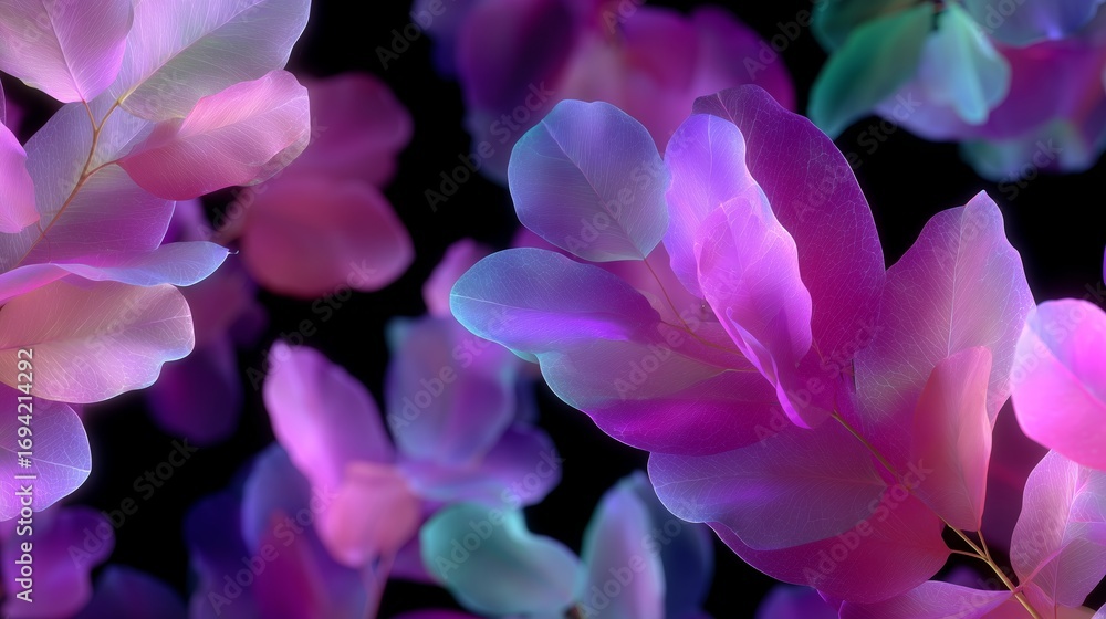 Poster colorful translucent leaves create a vibrant display with soft lighting against a dark background