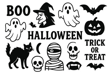 Obraz premium Halloween Icons Set – Ghosts, Witch, Pumpkin, Bat, Cat, Mummy, Skulls and Trick or Treat Symbols